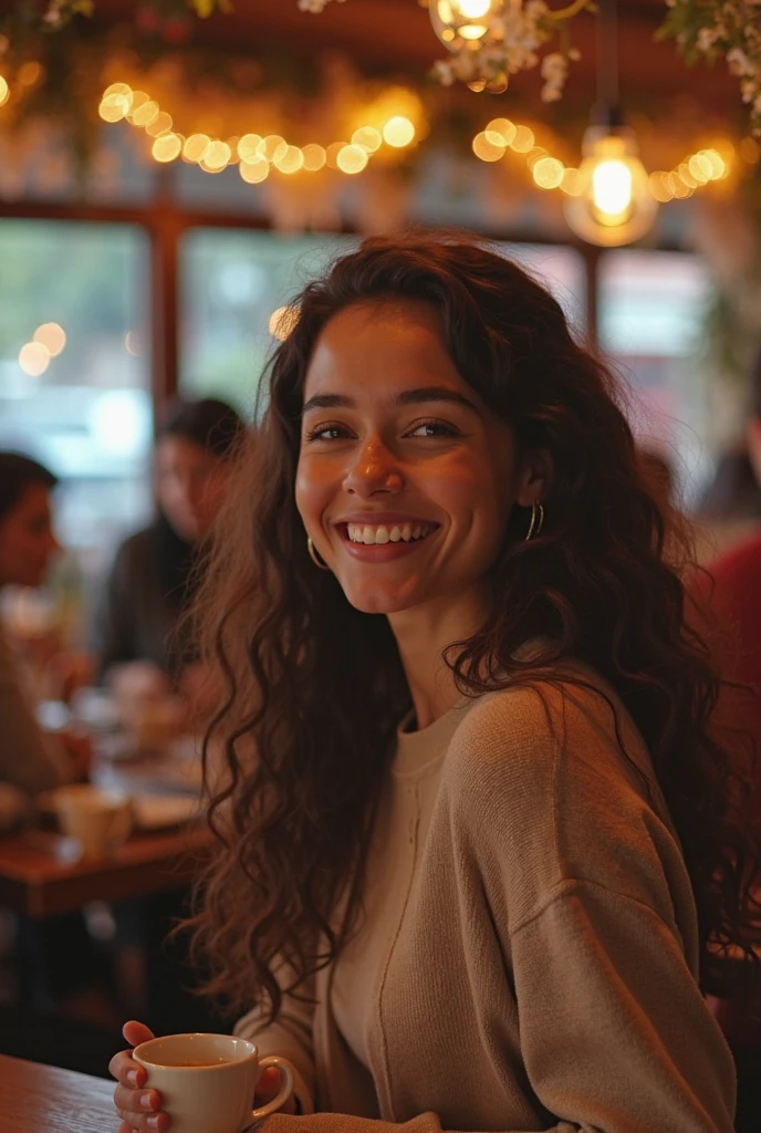 Show entire body, feet in view, aerial view, Māori teen, dirty blonde curly hair, huge breasts, crop top t-shirt, short skirt, exposed cleavage, wearing sheer grey pantyhose, the waistband of her pantyhose covers her bellybutton, pretty feet, The ultra -The high-definition, sitting sitting at a cafe, city street, looking up at audience, smiling