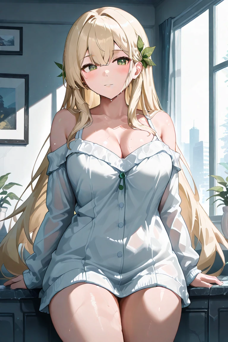 Anime girl with long, flowing blonde hair that reaches past her waist and stunning blue eyes. She has a , youthful figure and fair skin. Her cat ears are slightly pointsneakers white cat tail is furry and long. Clothing: She wears a loose-fitting green sweater, white shirt under it, paired with white jeans and sneakers