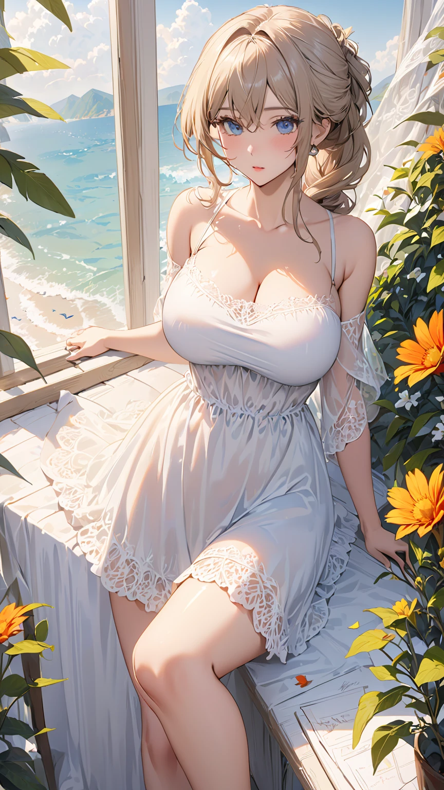 Masterpiece、Highest quality、Super detailed、1 girl、Big Tits、Cleavage、Blonde、Fluffy and soft long hair、Pink bristles、No bra、classroom、Light of the sun、smile、choker、Pink Lipstick、garter、Lying down、Embarrassed face、