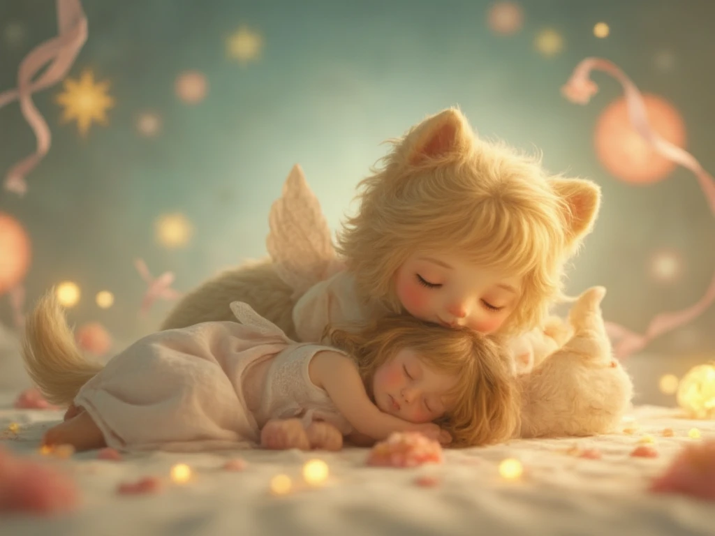 A shining star, an angel and a kitten sleeping soundly under the night sky