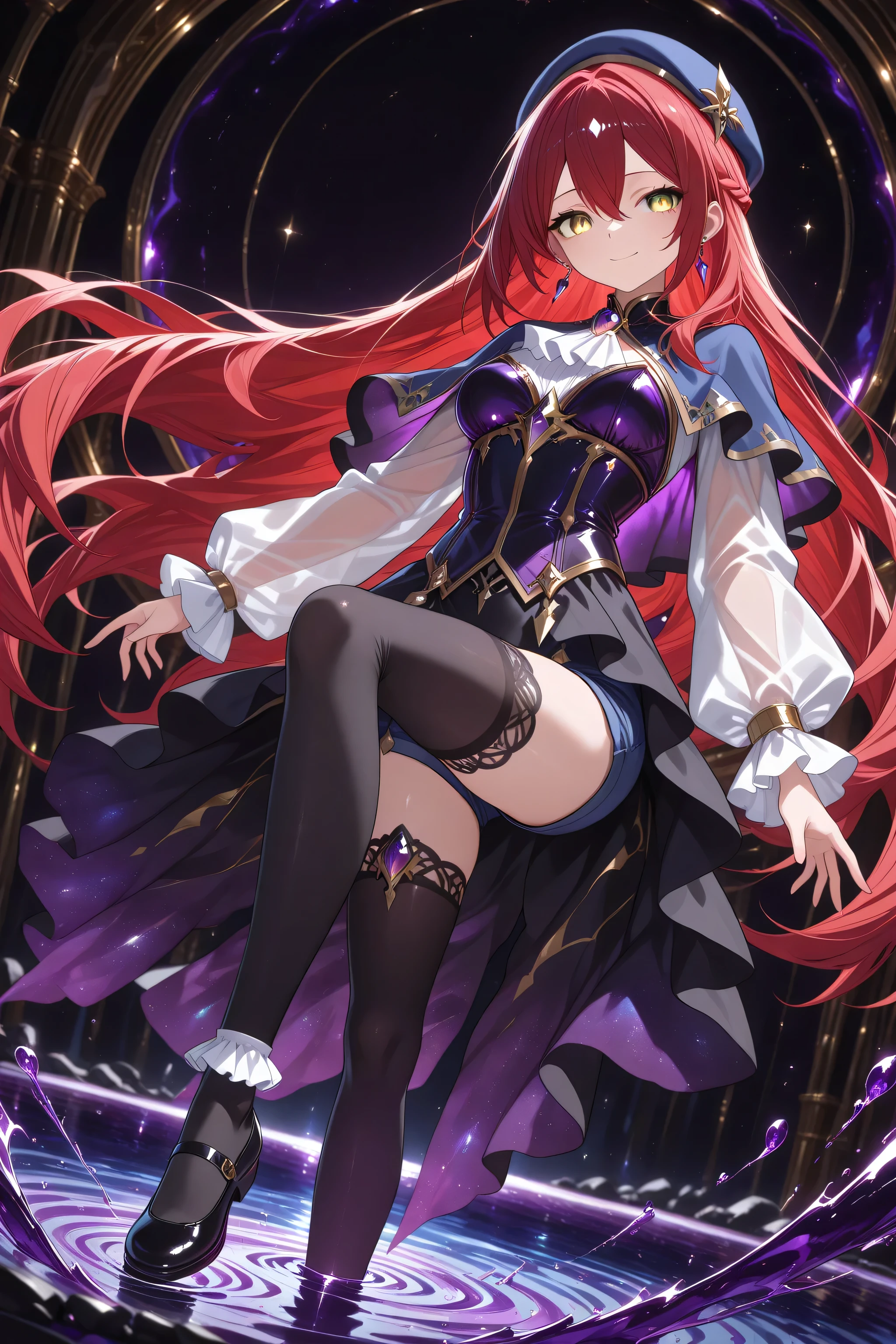 absurd_res, 8K, (masterpiece: 1.2), (best quality: 1.2), (detailed eyes, beautiful eyes:1.2), cinematic angle, cinematic shadows
1 girl , golden eyes , very long hair , long sidelocks, red hair ,half updo, petite , very cute , beautiful ,Straight hair, cool, handsome, hair between eyes, sexy, medium breasts ,flowing hair, captured mid-motion as she stands on one foot in an elegant ballet pose. Her landing foot lightly touches a surreal, purple water surface, creating purple swirl radiating outward. The purple swirl originates from where her foot touches the water, spiraling upward and around her body in a dynamic, flowing motion, blending into the background. The scene is lit with soft, ethereal lighting, purple and black, emphasizing her peaceful smile juxtaposed with a grotesque atmosphere. The mystical yet unsettling tone enhances the overall composition, dark atmosphere
mortis outfit, blue beret, earrings, frills, capelet, gem, ascot, see-through sleeves, long sleeves, black skirt, blue shorts, black thighhighs, frilled socks, blue mary janes, sometyome_illu, abstract,