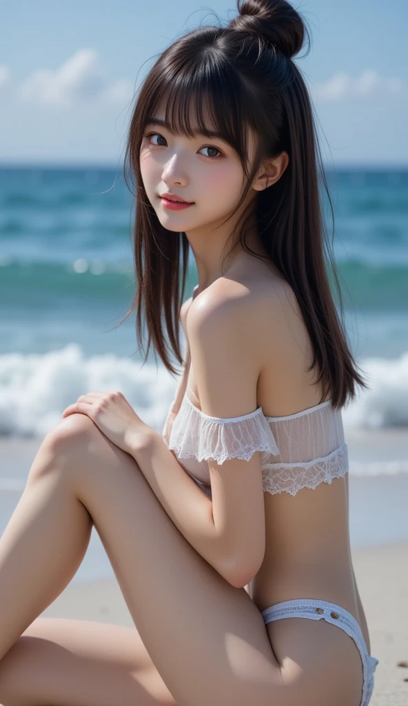 Realistic,fine quality detailed picture,Best quality,high-resolution,1 beautiful slim girl,feminine,flat chest,happy with me,fun,beach,beautiful teeth