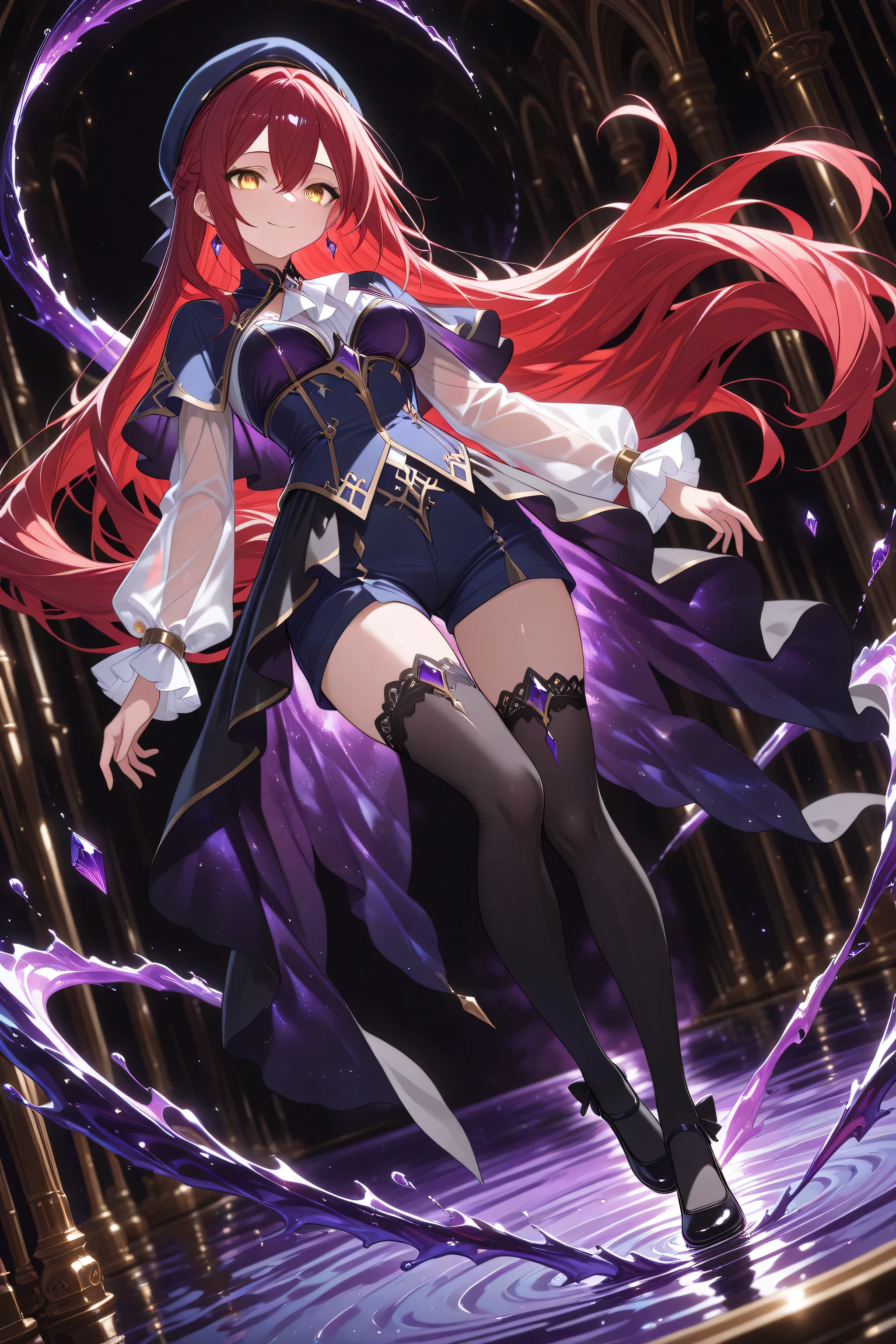 absurd_res, 8K, (masterpiece: 1.2), (best quality: 1.2), (detailed eyes, beautiful eyes:1.2), cinematic angle, cinematic shadows 

1 girl , golden eyes , very long hair , long sidelocks, red hair ,half updo, petite , very cute , beautiful ,Straight hair, cool, handsome, hair between eyes, sexy, medium breasts ,flowing hair, captured mid-motion as she stands on one foot in an elegant ballet pose. Her landing foot lightly touches a surreal, purple water surface, creating purple swirl radiating outward. The purple swirl originates from where her foot touches the water, spiraling upward and around her body in a dynamic, flowing motion, blending into the background. The scene is lit with soft, ethereal lighting, purple and black, emphasizing her peaceful smile juxtaposed with a grotesque atmosphere. The mystical yet unsettling tone enhances the overall composition, dark atmosphere 
 mortis outfit, blue beret, earrings, frills, capelet, gem, ascot, see-through sleeves, long sleeves, black skirt, blue shorts, black thighhighs, frilled socks, blue mary janes,  sometyome_illu, abstract, 