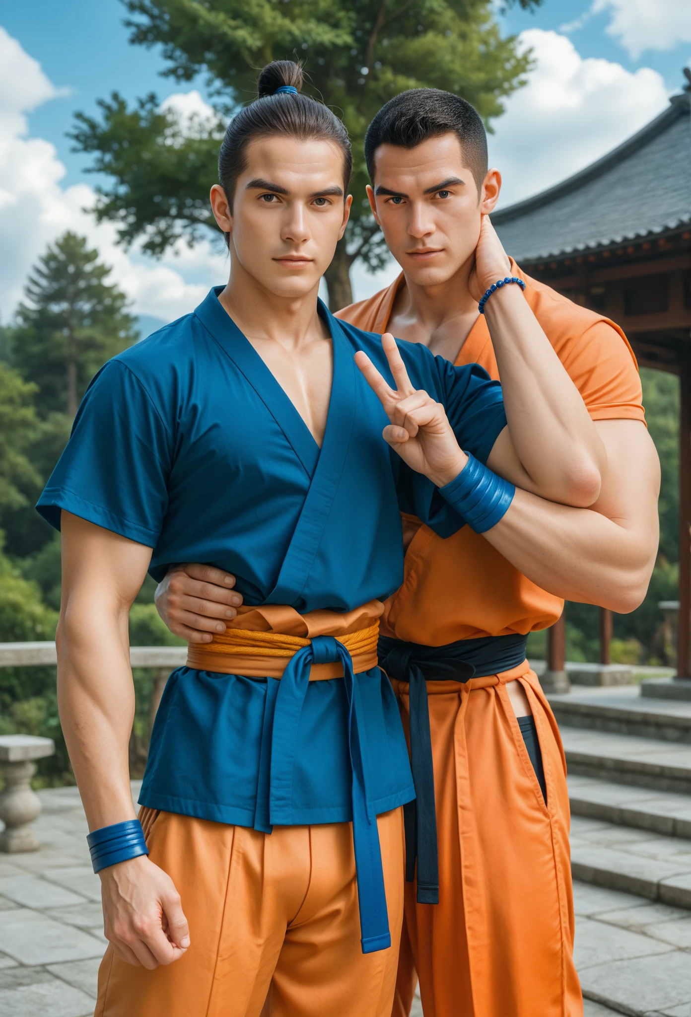 ( safe for work),Two handsome boys kissing, smiling at each other,hugging, kissing, touching lips, cuddle, romantic,skin ship, Chinese Men God, Mythology, realistic, Chinese odyssy, super Handsome,manly, kpop idol, handsome korean actor, 20 years old,, detailed face, manly jawline, detailed mess curly styling hair, Topless, Muscles, big breast Athlete body, Full Frame,full body shoots, Sexy, realistic, human skin, tattoo breast, Professional studio Lighting, long red tibet wedding Outfit, jade and golden pendent all over , detailed jewery in dress, earings,Chinese ancient wedding Background,out door, super detailed background,look at camera , open mouth, thin Underneathe Underwear, tibet Warrior, Hanfu red wedding dress, tibet Male, tibet Nobel, Seduce , bare chest , tattoo chest, tattoo arms, tattoo hands, tattoo back, tattoo legs , tattoo belly, big juicy butts
