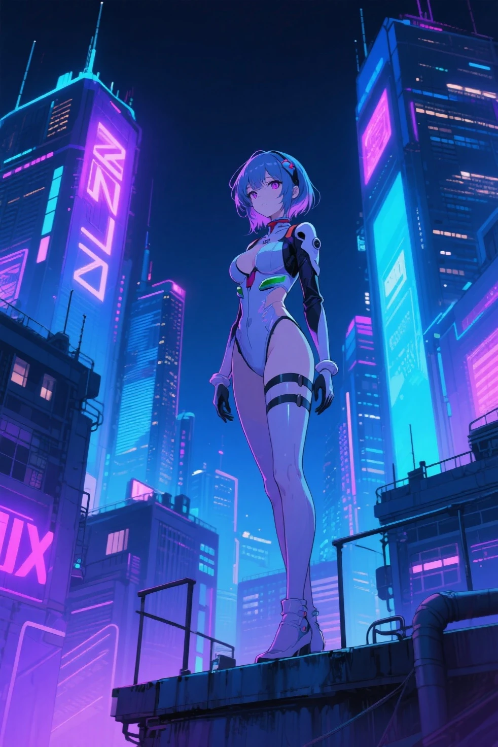 A frail girl wearing a Gantz suit, a back alley in a ruined futuristic city, standing between skyscrapers, short blue hair, a girl with a bob cut, light blue futuristic headphones, puffing out bubble gum, a photo of Shooting from a distance, aerial shooting from slightly above, highest quality, neon lights, car tail lights, afterimage, raining, no umbrella, ultra high resolution, 8K, artistic, Japanese light novel, details Detailed and beautiful depiction, wartime, android