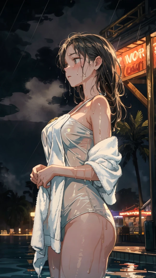 Highest Resolution,Highest quality,1People Girls,beautiful girl,Full body close-up,The body is frontal,looking at the camera,Standing posture,Crying face,Tears,Stringy saliva,Open your mouth,Sticking out tongue,Saliva,Tears overflow,Dripping a lot of saliva,Drooling,Swimsuits by the pool at night,Night view,High leg,ponytail,