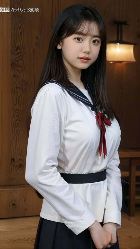 ((highest quality、8k、masterpiece:1.3)),((((fullbody shot)))),Ultra-high resolution,big eyes,Japanese,forehead,bangs,(a girl),(1 girl),((16 years old)),((cute)),pretty,((facing at viewer)),(long hair),(((black sailor uniform))),grin,sitting