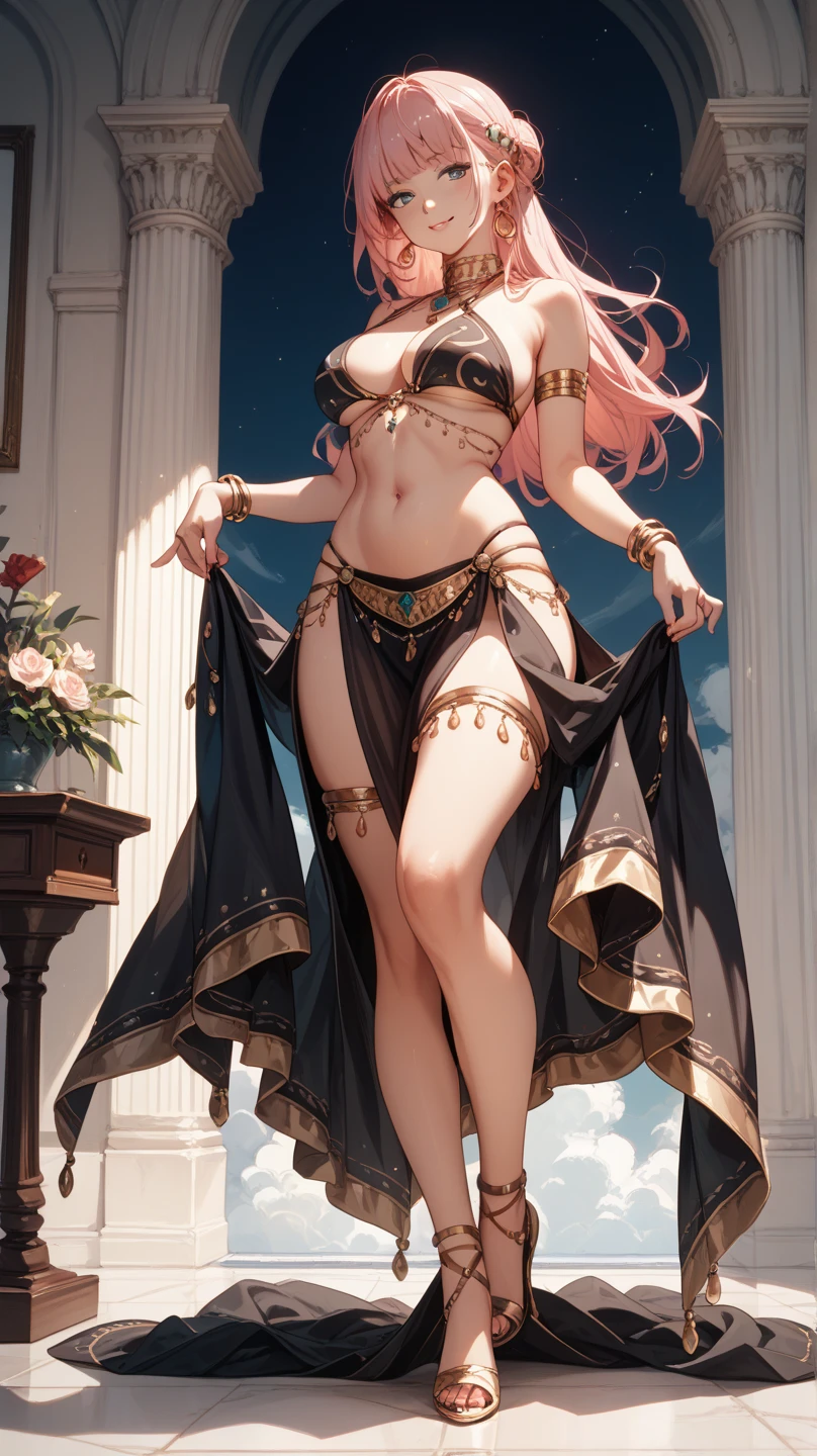 [monochromes:Subdued Color:0.6] theme, (masutepiece), (Best Quality), , Light Layer, Lustrous skin, (intricate-detail , taut clothes, ),  White hair, Long hair, hime-cut, Blunt bangs, side locks, Curly twin tails and quirky hair、Red Eyes, ,, (maturefemale:1.1),    (Simple background:1.1),(((((Belly Dance Costumes)))))、frontage、low angles、Front Angle、symmetry、large boob、Thick lip、Lustrous lips、