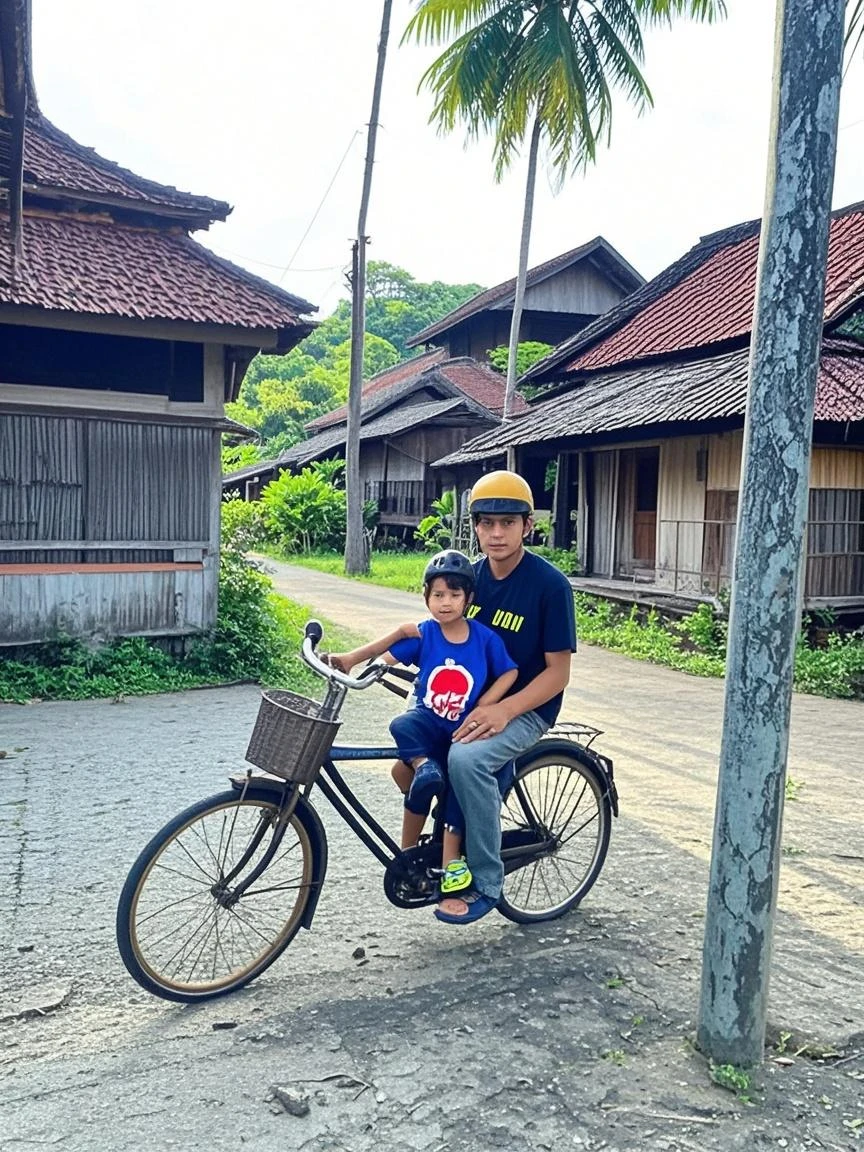 there are two children riding on a small bike on the street, ???, with a kid, kids, little ???, in a village street, very very happy!, by Emma Andijewska, riding a bike, riding on the road, looks smart, in a village, riding a motorbike, children, 😭 🤮 💕 🎀, very consistent