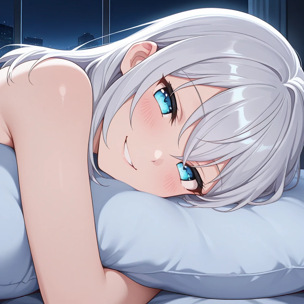masterpiece, (best qulaity:1.3), 8K, wallpaper, depth of field, (1girl, la folia rihavein, white hair, (long hair:1.15), pillow, lying, window, (cityscape, night sky, indoors:1.2), window, (from side, on side:1.2), looking at viewer, smile, closed mouth, breasts press, (breasts, blush:1.2), bed sheet, completely nude, curtains, on bed, indoors, (upper body, under blanket:1.3)) <lora:la_folia:0.8>