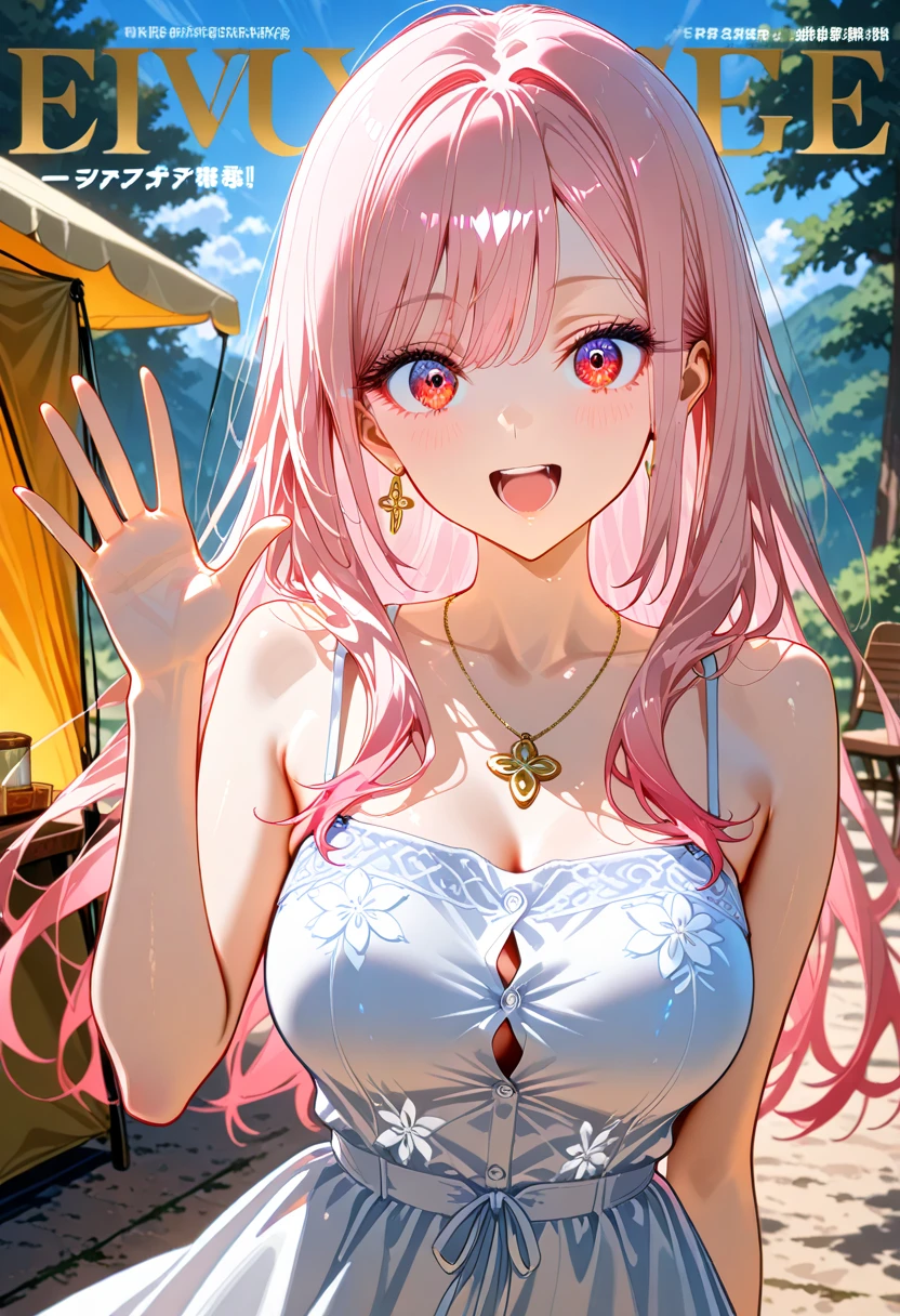  beautiful girl, long pink hair, beautiful face,smiling,close up to hips, beautiful breast, in the middle of beautiful lake, (open mouth:0.4),illustration,detailed textures(realists),ultra-detailed,portrait style,vivid colors,soft lighting, blushing, mature, hair fluttering, cool moonlight light, ((half body)),  cleavage, no bra, wearing intricate dress, perky. ((side profile half body)), hair accessories 