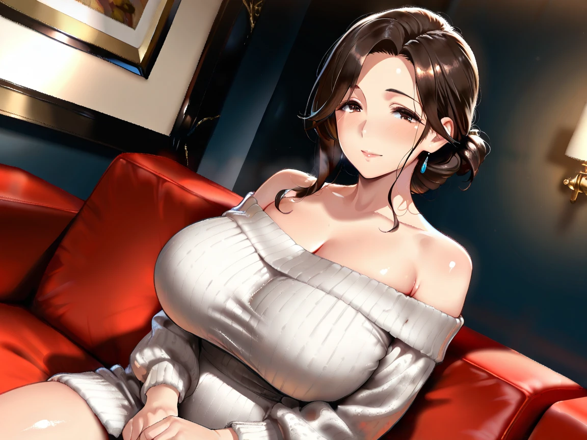 masterpiece, yor, 1girl, Bust A Cup, Amazing Cleavage:1.0, thin waist, big ass, Raised sexy, big breast: 1.2 posed cleavage:1.2、solo, looking at viewer, open mouth, black hair, red eyes, dress, bare shoulders, jewelry, collarbone, sidelocks, hairband, earrings, indoors, off shoulder, :o, sweater, arms behind back, plant, short hair with long locks, white hairband, off-shoulder dress, sweater dress, off-shoulder sweater, red sweater, big side hair, very long side hair,is rendered in (masterpiece: 1.2, best quality), with (ultra high resolution) and an exquisite (depth of field). This masterpiece is not only visually stunning but also tells