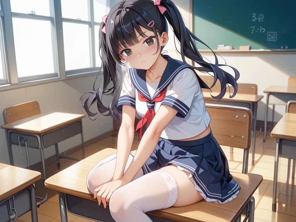 Evening school classroom Sunset shines through the window sunset Backlight elementary school girl 8-year-old flat chest black hair long hair eyes are purple embarrassed look ((1 person)) Upper half length sleeve white sailor uniform Lower body navy blue miniskirt((White panties are visible)) black socks sneakers standing by the window spread your legs a little I can see white panties dynamic angle Low angle from the front