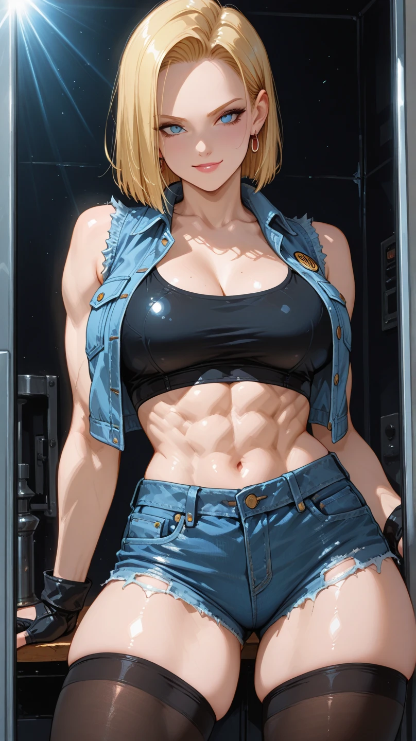 Hyper detailed image, UHD, 16k, professional photo, (Realistic photo of Android-18 From Dragon Ball Z) girl Goddess of beauty, very straight short blonde hair, serious face expression, ((she wears a blue denim jacket and a cropped white shirt, short white underground showing flesh of the breast)), erotic, open denim jacket showing her impressive, beautiful and perfect big breasts, ((natural sagging breasts, breasts, ultra giant pointed long breasts sticking out of the jacket)) full breasts, body big skinny, curvy, pert ass, she wears a belt and a (((blue denim))), thick legs open, grinning , flexible body, brown boots, perfect hands and fingers,
  android 18, sexy saiyan girl, she releases blasts of power, ki, Official Art, Android-18 Sexy female, official art of the character, sexy female protagonist, curved body, thin and toned, Akiri Toriyama, Director: Akira Toriyama, Bulma from Dragon Ball, Best Anime Character Design, Style Akira Toriyama, unique character beautiful, (great lighting)