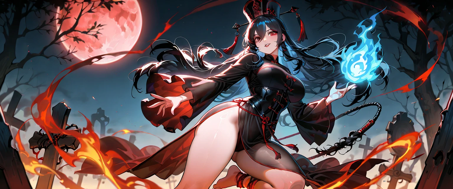 Mature female,Latex underwear ,Sharp claws,Waist-length hair,Evil,Squint your eyes slightly,眼睛里闪烁着Evil的光芒,,Hips,Hips姿势,挺胸Hips,Purple Eye,Crop topping,Open your mouth,Fangs,crotch tattoo,fishnet tights,Sharp nails,Twist pose,Beautiful curves,crotch tattoo,8k,best quality,Outline the shape of the genitals,Nipple protrusion,Tighten the genitals,Loss of luster in the eyes,Solid color eyes,Empty eyes,high resolution, Sharp focus, Pixiv masterpiece, ((Intricate details)),On the roof of the castle,Blood moon in the background