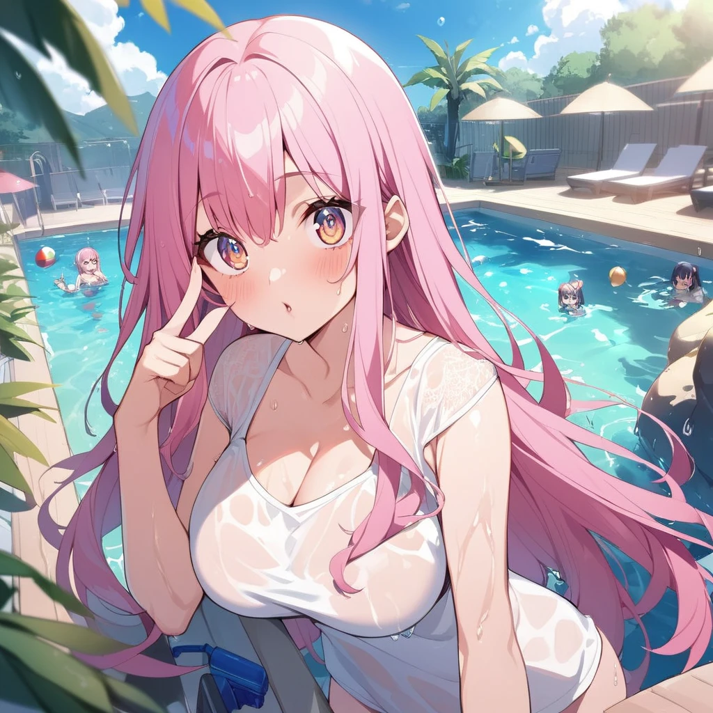 ((Highest quality)), ((masterpiece)), (detailed), high school girl，White Bikini，Pink hair long，Night Pool，smile