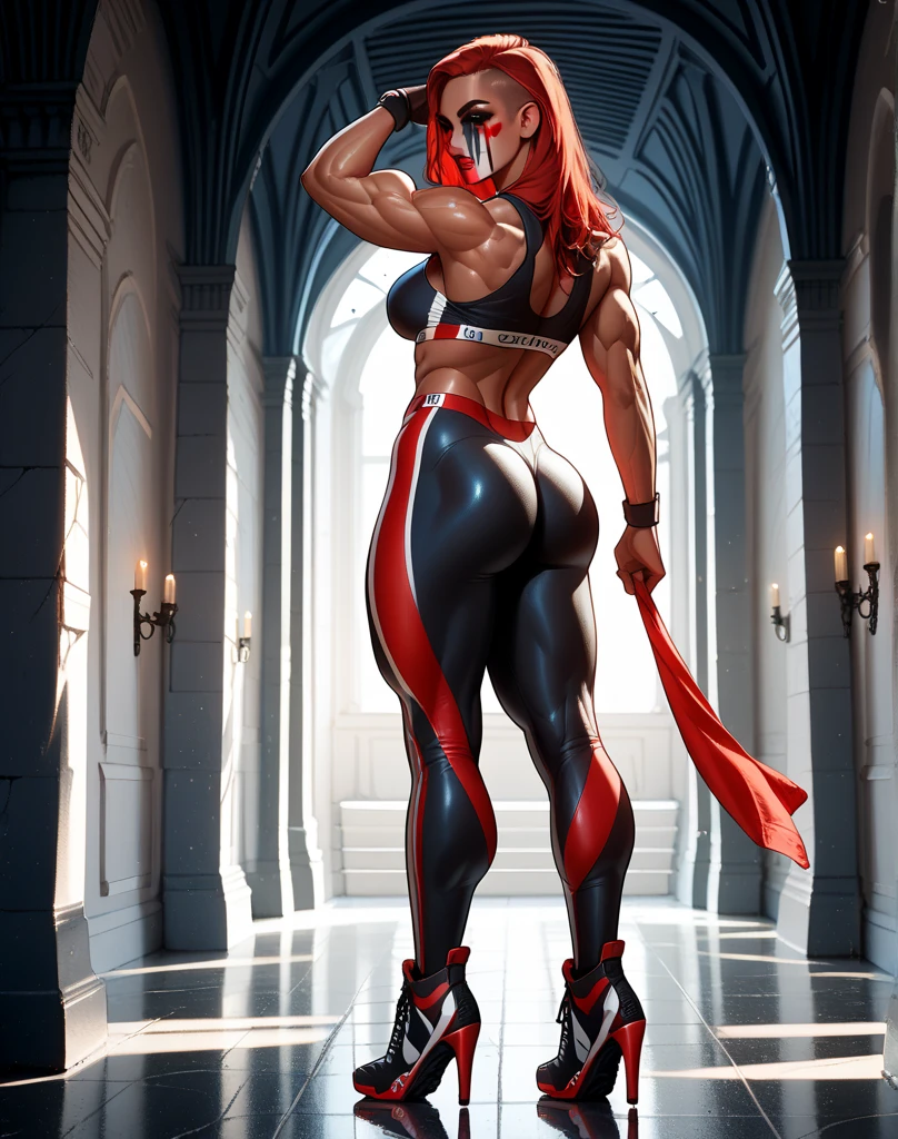 (Masterpiece, ultra detailed: 1.5), (beautiful face: 3.5), perfect lighting, skin teeth, hourglass figure body female bodybuilder, 1girl, redhead, (big muscles: 3), big eyes, wide muscular shoulders, thick arms, (large pectorals: 4), marked pectorals, (large breasts: 4), (large breasts: 4), small waist, very long legs, very thick legs, big and thick buttocks, wide calves, full body centered, --auto