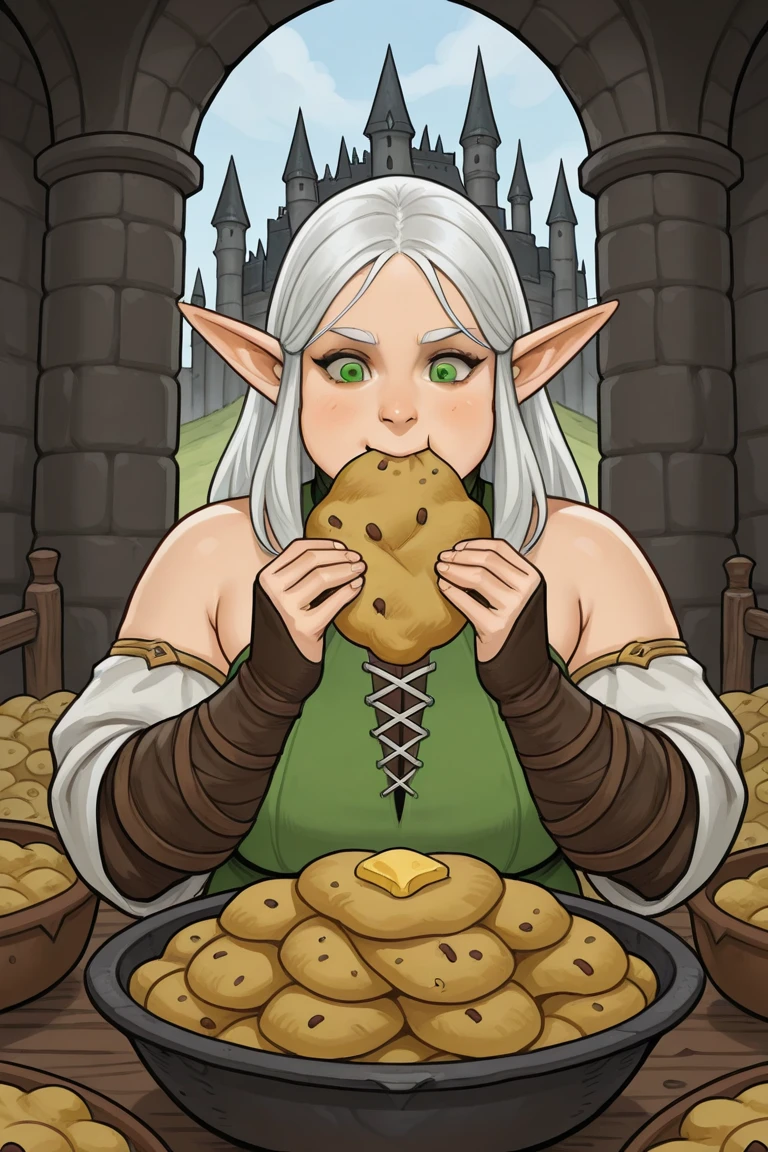 masterpiece、Highest quality、Very detailed、Very detailed、Ultra-realistic、Humorous、A delicate anime-style illustration。Medieval Europe、Cinematic lighting、Fairy donut shop in the deep forest、Beautiful elf woman eating a donut、Chubby body type、Cleavage、Green Dress、Melancholic expression。