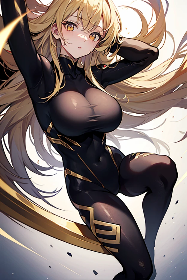 ((best quality)), ((masterpiece)), (detailed), perfect face, curvy woman, long Sun blonde hair, yellow eyes, black crop top, thick thighs and hips, soft smile, chest and up, transgender