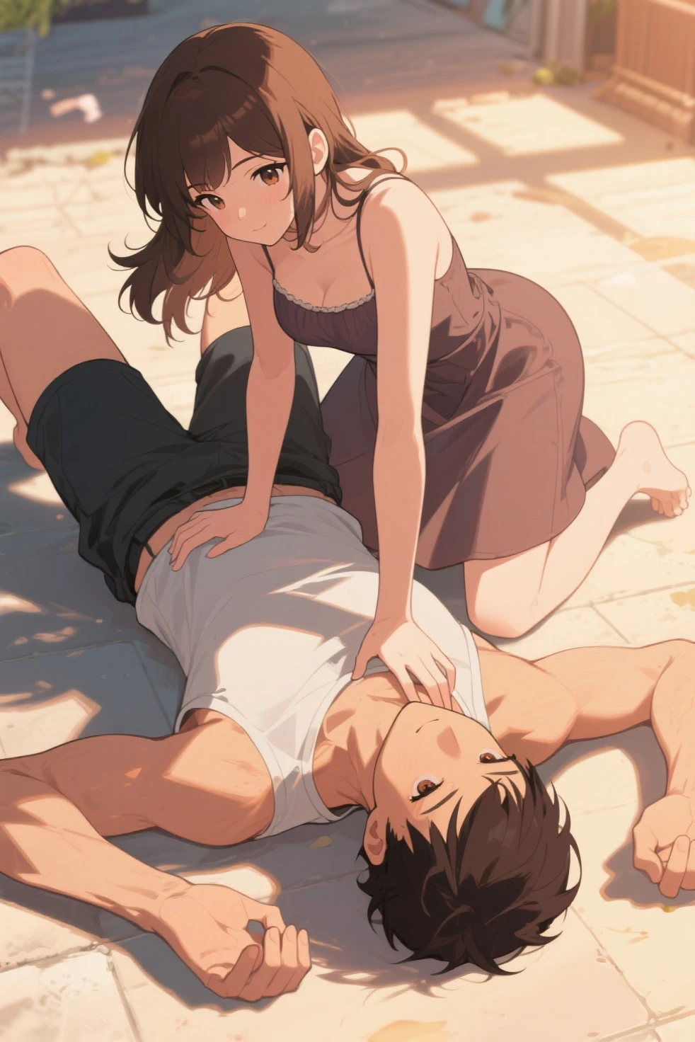 black hair, short hair, brown eyes, hair between eyes, ash ketchum, dark green shorts, light blue shirt open unabuttoned showing his chest misty pokémon, orange hair, green eyes, side ponytail, white tank top showing her abdomen, green shorts, masterpiece, sun overhead, blue sky photograph of beautiful 18 year old couple, on beach, hugging, looking at each other
