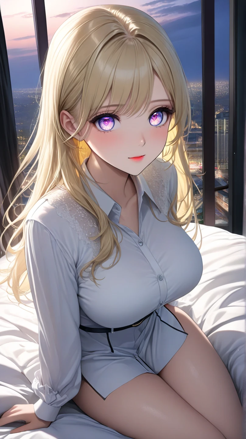 masterpiece, absurdres, best quality, ultra detailed, high Resolution, detailed illustration, bright colour, (extremely beautiful detailed face and eyes, Delicate beautiful face, 1 girl, 18yo, cute face:1.3), (magenta eyes:1.1), sparkling eyes, big eyes, (medium breasts:1.3), (perky breasts:1.1), (pointy breasts:1.1), medium hips, glamorous body, white skin, BREAK, (blonde hair:0.8), messy hair, detailed hair, shiny hair, BREAK (casual shirt, frill skirt:1.3), perfect lighting, (ecstasy, vulgarity:1.5), (embarrassed:1.3), bed, panties, M-shaped legs,