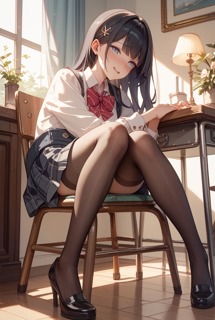 Top quality, masterpiece, High resolution, (Head to toe full body), front, frontやや下からの構図, Symmetric, Tall 18 year old girl, alone, (Head to toe), (Small breasts), Unkempt brown hair, bangs, (black tights), (Black Pantyhose), (Sit with your legs apart), (Crouching pose), (A composition showing white panties), (Her legs were spread、I see your white pants.), (I was made to sit on the floor with my legs spread..), (M-shaped legs), Thin legs, A very beautiful and tall 18 year old girl, (No shoes), blush, Shy big eyes, looking at the camera, Blazer Uniform, Checkered Pleated Skirt、Megumi Kato