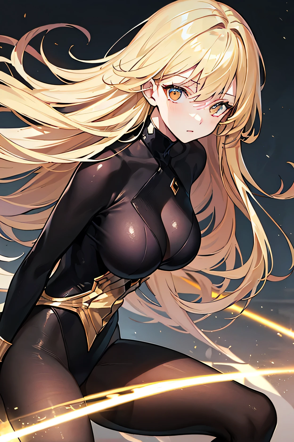1girl (magik), absurdres, close up, masterpiece, green eyes, long blond hair with bangs, breasts, strong toned body, yellow and black costume showing shoulders, highres, (skirt), looking at the viewer, solo, night, starry sky, medium breasts, black shorts, fingerless gloves, dark background, (thighs), darkness, scenery, outdoor, (skyscrapers),
