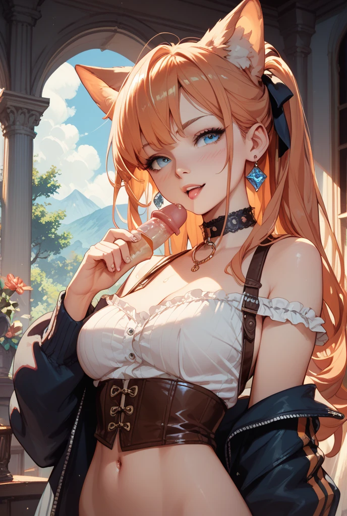 score_9, score_8_up, score_7_up, score_6_up, anime style, masterpiece, highly detailed, centered, cinematic shot, 1girl, solo, smile, indoors, cabin, blush, , blonde hair, long hair, purple eyes, dragon horns, hairclip, , shirt, collarbone, bare shoulders, corset, puffy short sleeves, red skirt, leaning forward, Beautiful anime style, mature manhwa,
