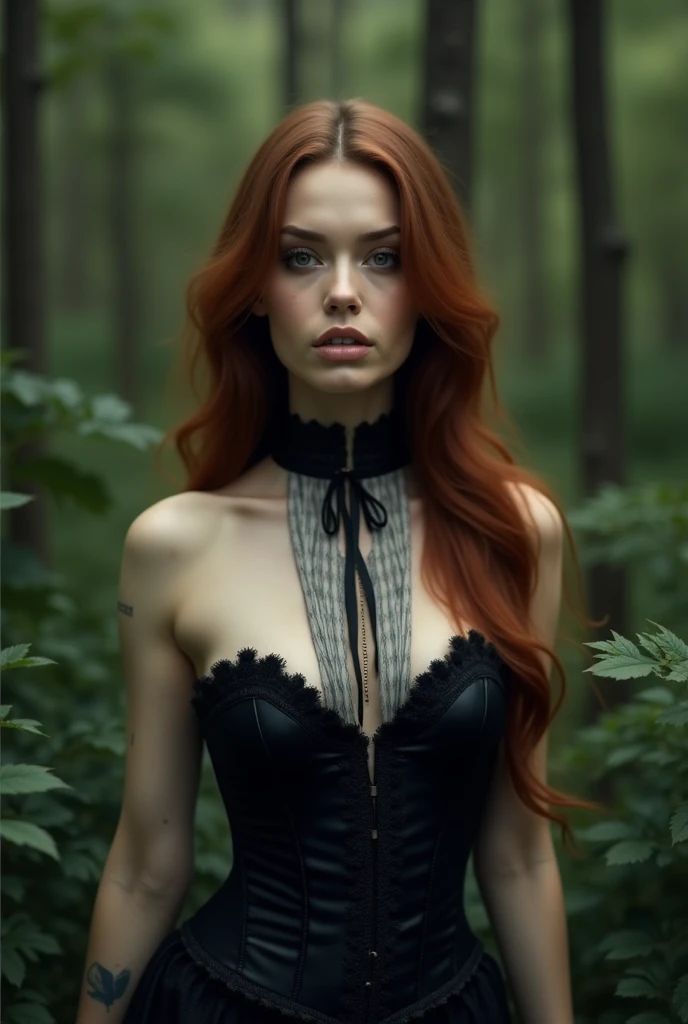 A woman in her 20s, looking at the camera, she has freckles, green eyes, she has Lush redhead hair, tttattoo, wearing a gothgal outfit, hyperdetailed, hyperrealism, detailed skin texture, ((best quality)), ((masterpiece)), (detailed), 8k uhd, Nikon 70d, ISO200, F/2.8, 1/25sec, 70mm, ((fantasy realistic background:1.2))