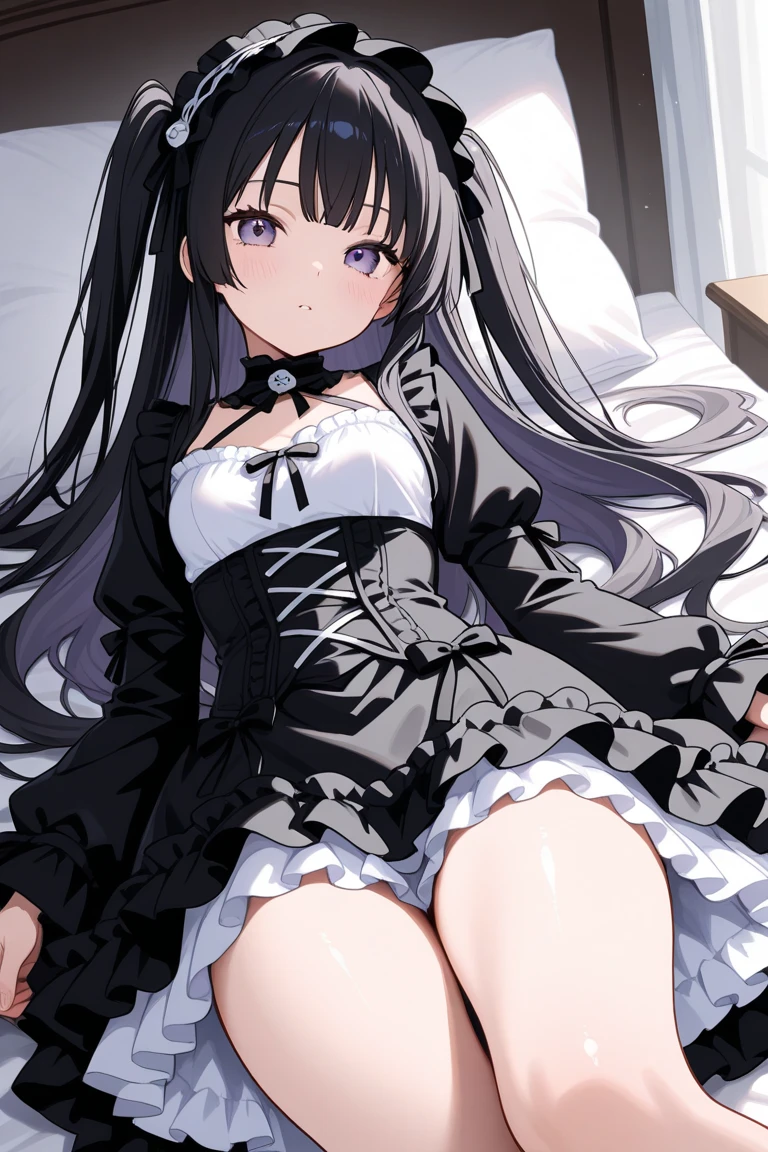 a woman that is laying down on a bed, she is facing the ceiling, she is wearing a miniskirt, Guviz-style artwork, style of anime4 K, Ross Tran 8 K, Digital anime art, Guweiz in Pixiv ArtStation, Guweiz on ArtStation Pixiv, e - girl, E-Girl, anime girl, Fanart Meilleure ArtStation，blacksilk [[view from above]]