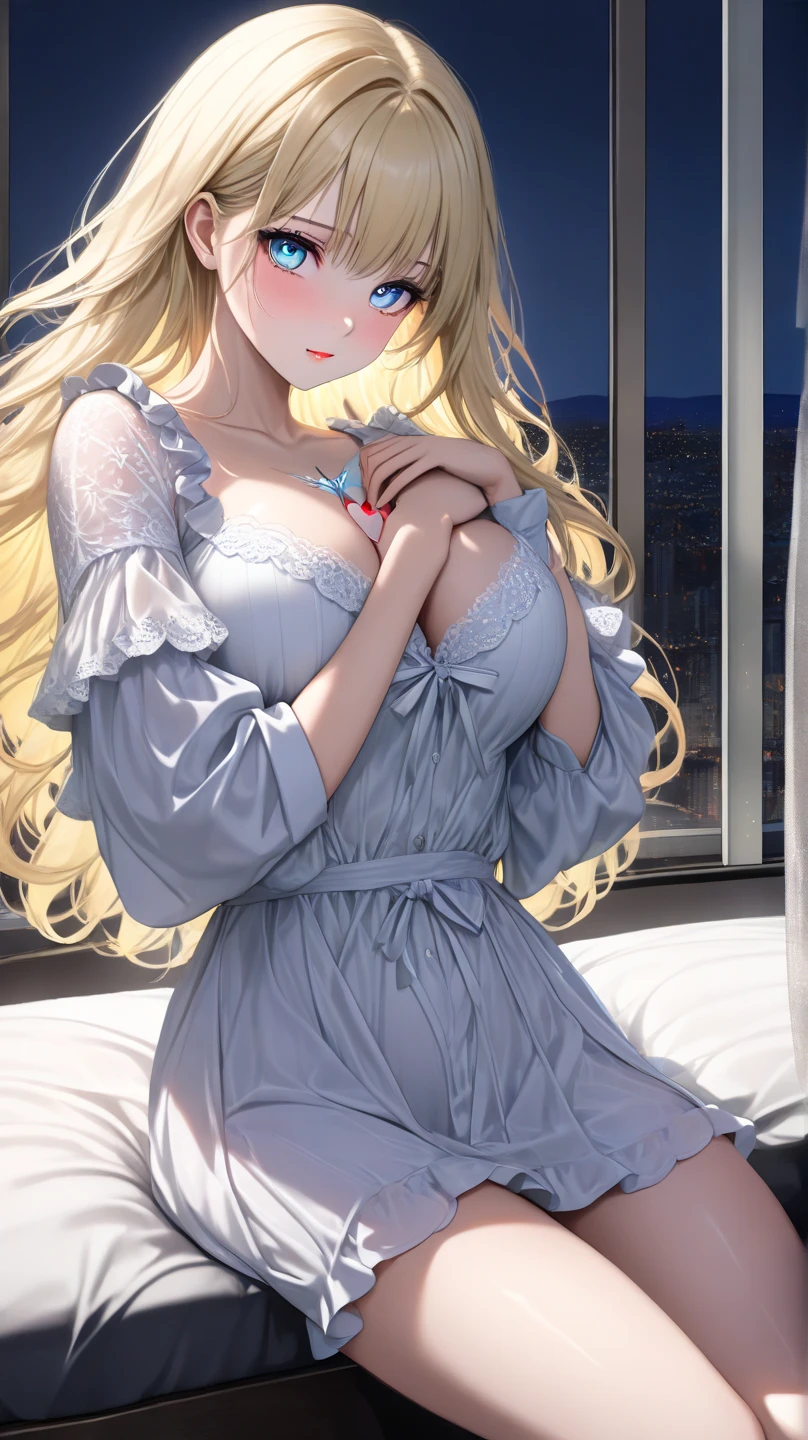 1girl, (solo:1.2), (cowboy shot:1.2), (Beautiful and detailed eyes description), (Beautiful and detailed face), Perfect female body, neat figure, slender waist, (young girl), (20 years old), long hair, platinum blonde hair, very big eyes, blue eyes, (medium breasts:1.4), blush, shy, watery lips, nurse, (transparent nurse dress), nurse cap, unbuttoned, (white gloves:1.2), (white pantyhose), high heels, necklace, earrings, indoors, school nurse, hospital bed, window, white curtains, sunlight, squatting, (best quality), (ultra detailed), (masterpiece), (highres), (original), (extremely detailed CG unity 8K wallpaper), character design, game cg, detailed manga illustration,(NSFW 1.1)