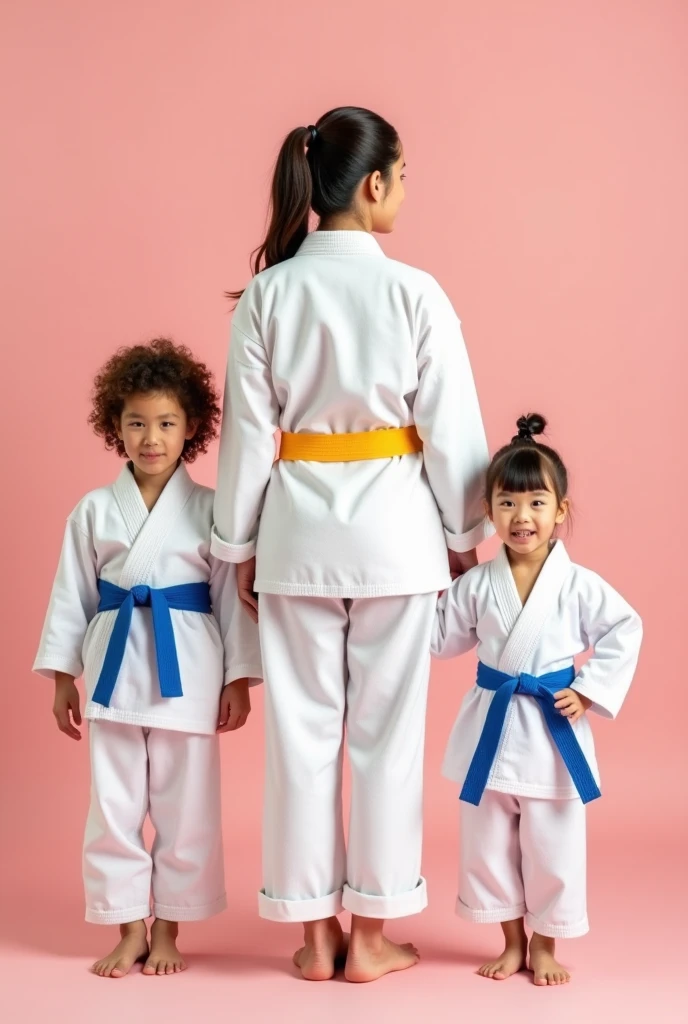 Boy in a karate suit２People and girls１People stand side by side in a courageous figure、Under the blue sky