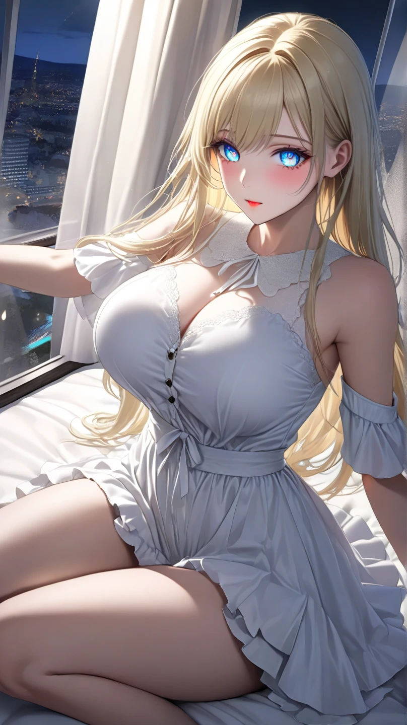 ((High resolution, Highest quality, Highly detailed CG Unity 8k wallpaper)), Sexy Priest Cosplay, Long dark blonde wavy hair、White lace off-the-shoulder knit, (Long Flared Skirt), Medium Milk, Puffy nipples、blush, Embarrassed laugh, Exposing shoulders、Sexy Hips、Sexy light blue underwear、Black high heels、Gorgeous magic wand and book、Church of the castle、Sexy pose、(lean forward to emphasize the chest)