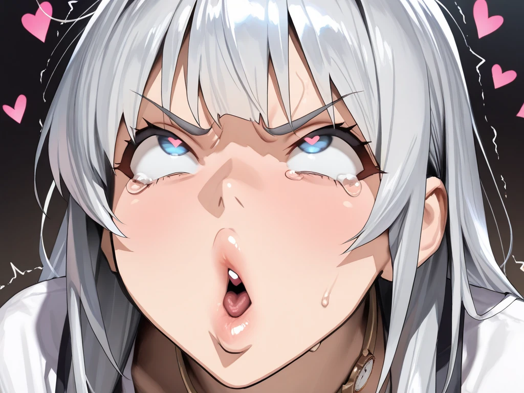 nsfw,1girl,looking up,pov,From above,long hair,White hair,grey eyes,shiny hair,breasts,masterpiece, best quality, very aesthetic, absurdres,upper body,front view,face focus,open mouth,(censored),(nude),tongue,(face cum)