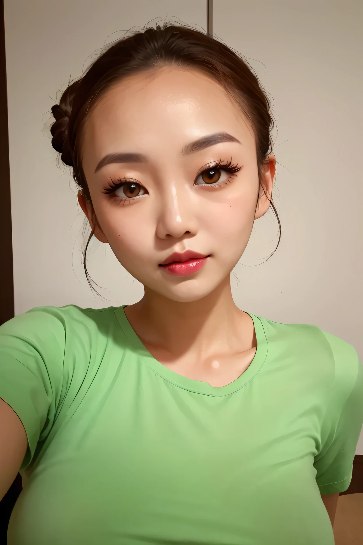 simple background, perfect face, hair bun, brown hair, (forehead), black thin eyebrows, big glowing brown eyes, thick red lips, beautiful woman, shirt, green shirt, medium breasts, pov, ((female asian)), asian