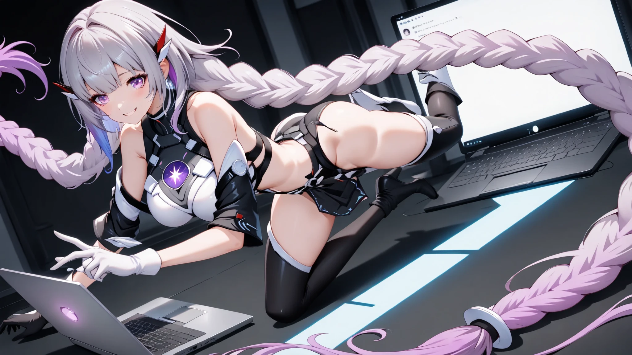 twogirls，The girl in the black tights is pressed to the ground by a white-haired girl in a white racing suit，The headphones fell to the side,Embarrassed