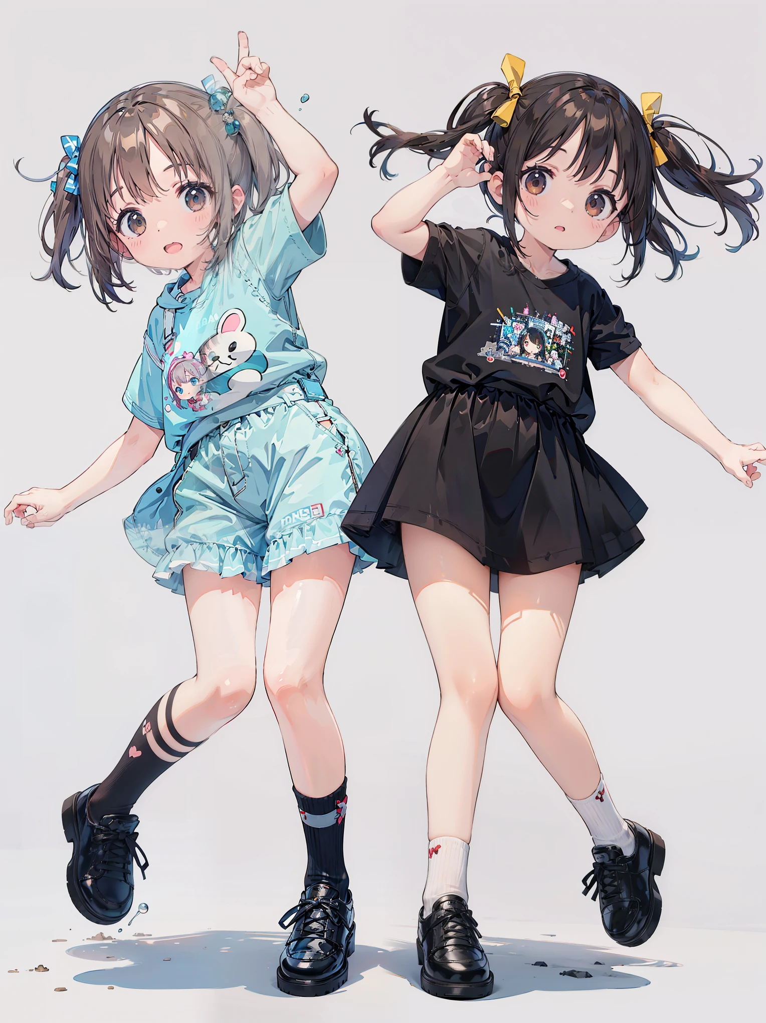 Highest Quality , masterpiece, Team Team 、8k、is extremely fine、 black hair、Dark Brown Hair、2 girls、 naughty、 over action 、 Movement angle、Pastel Background、full body、 cute shoes