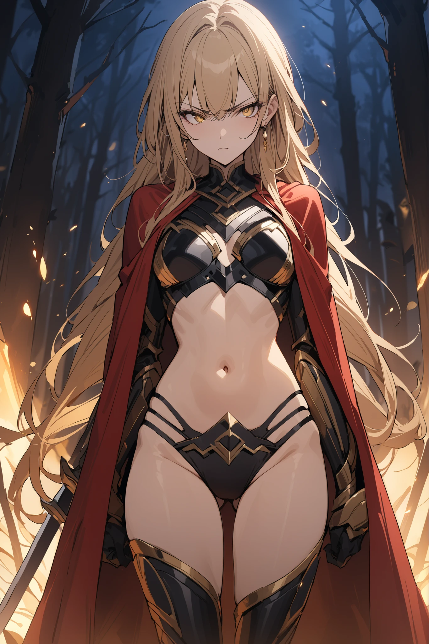 masterpiece, absurdres, perfect anatomy, 1girl, solo, Tweyen, green eyes, long hair, head wings, TweyenBase, armor, thighhighs, elbow gloves, shorts, cape, nature scene, standing, cowboy shot, smile, hands on hips