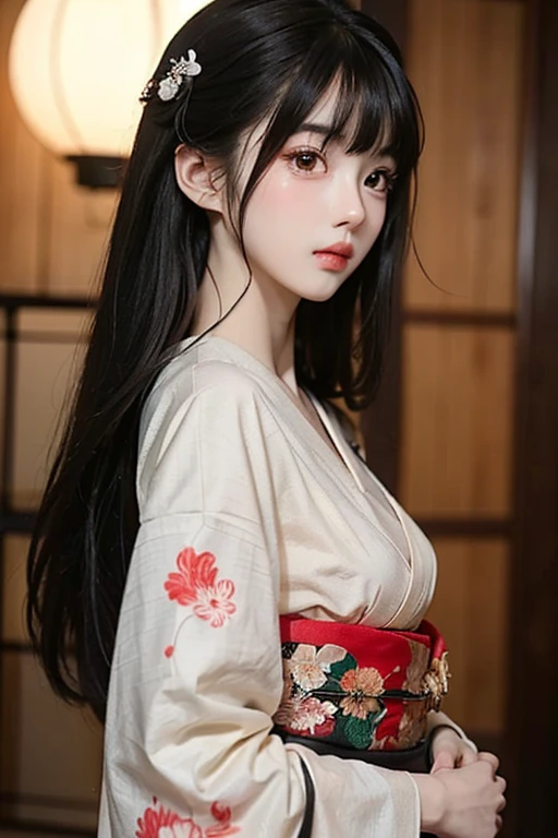 Tabletop, Highest quality, Very delicate and beautiful girl,Very delicate and beautiful, World Masterpiece Theatre, Very detailedな, Very detailed, Highest quality, Very beautiful silky black hair,kimono,Japanese Clothing,落ち着いた色合いのkimono,ナチュラルカラーのkimono, High resolution, Very detailed,1 Girl, Highest quality, shape, Looking at the audience, Material, canvas, Oil, Genuineistic, Realist ,Genuine,Great background,Otherworldly background,