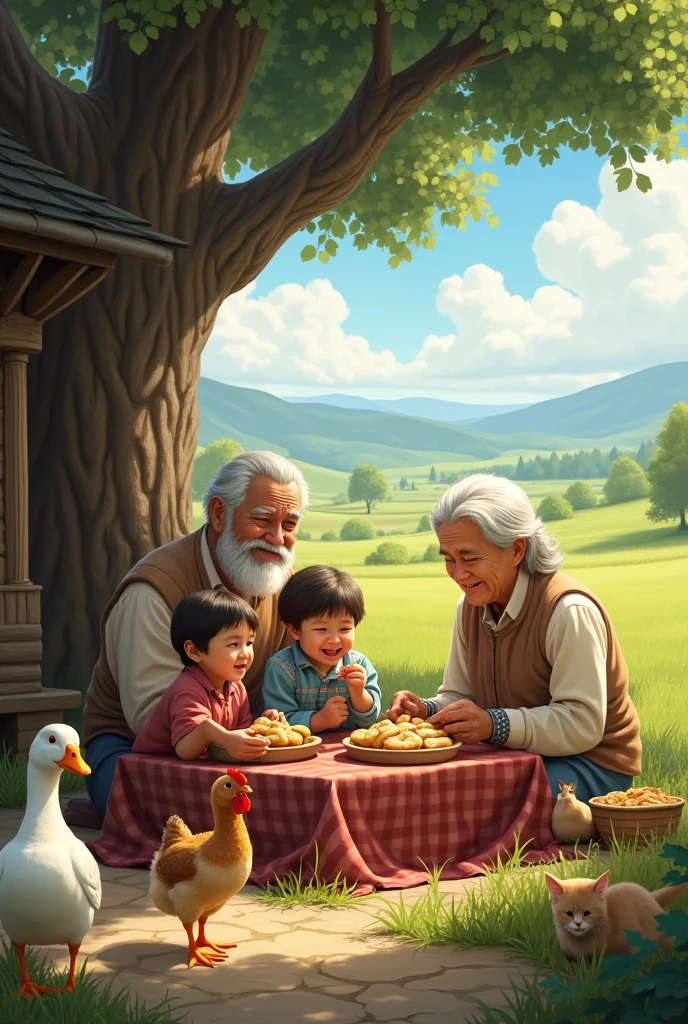 "Crie uma cena vibrante e realista que capture o momento de restauração de Good. En el centro de la imagen, Good, an elderly man but full of vitality, is shown in a lush field under a clear, sunny sky. He is surrounded by his new children and grandchildren, everyone smiling and enjoying a picnic. Ao fundo, a simple house, but welcoming, symbolizes your new family and prosperity. A expressão de Good deve refletir felicidade e gratidão, as he watches his family with love. Elements of nature, like flowers and fruit trees, represent the abundance and blessing he received after his trials. Include details that convey the idea of time passing., like a huge tree in the background, symbolizing the generations that witness his full life."