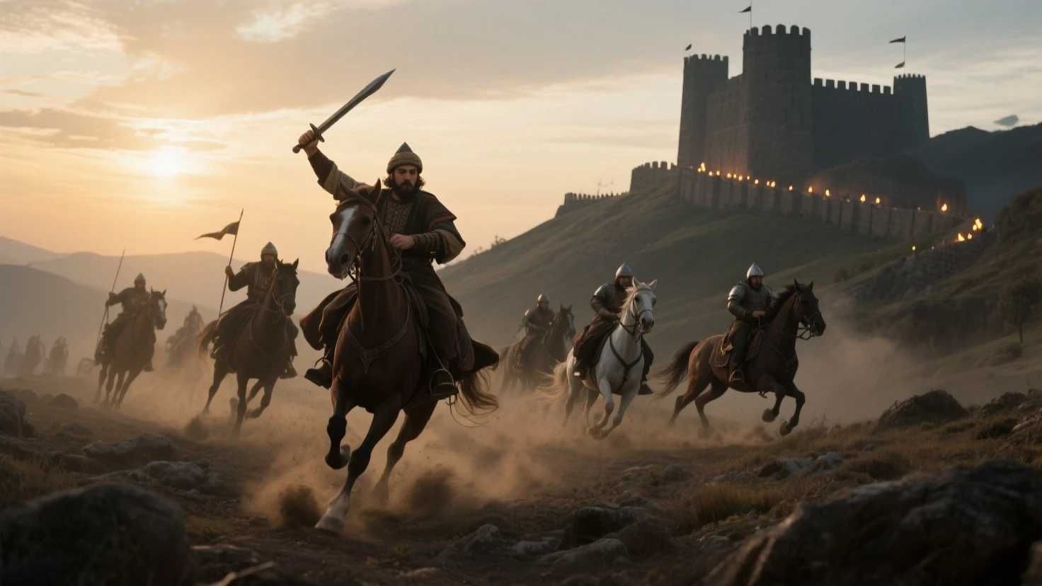 a close up of a group of people riding horses in a field, elden ring cinematic lighting, heavy metal band promo, inspired by Kazimierz Wojniakowski, hd screenshot, clothed in military armor, keyframe, helltaker, without text, holy crusader, wolfenstein, by Vladimír Vašíček, 1 0 0 ad