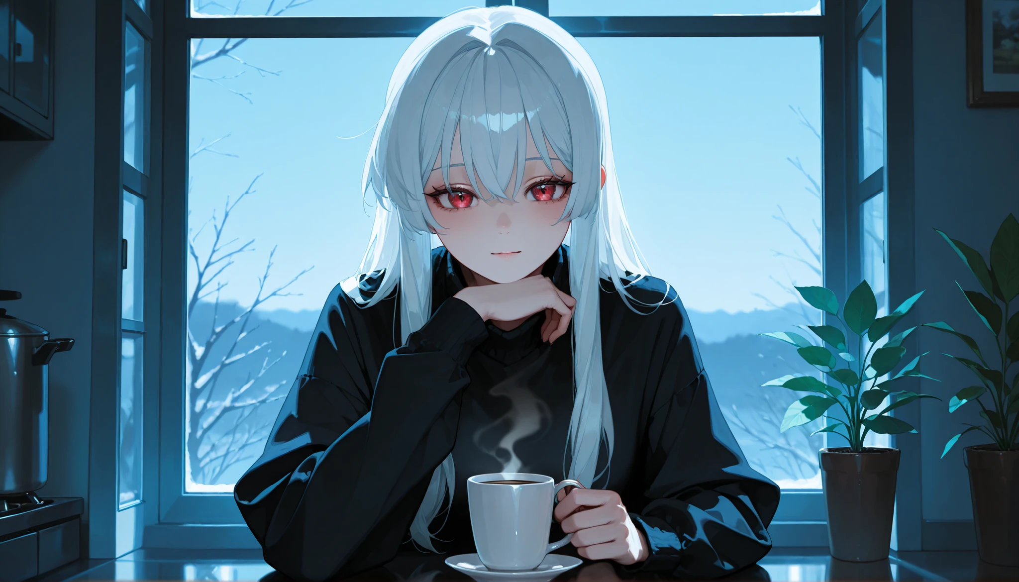 A girl with long silver hair and red eyes stands alone in a small, cluttered kitchen at dawn, holding a cup of untouched coffee. Her expression is empty and distant. The kitchen bears signs of isolation—faded family photos, wilted plants, cold lighting. Through the window, a pale blue sky hints at emotional detachment. Cinematic anime style, detailed textures, Rukia depicted in a somber, reflective moment.