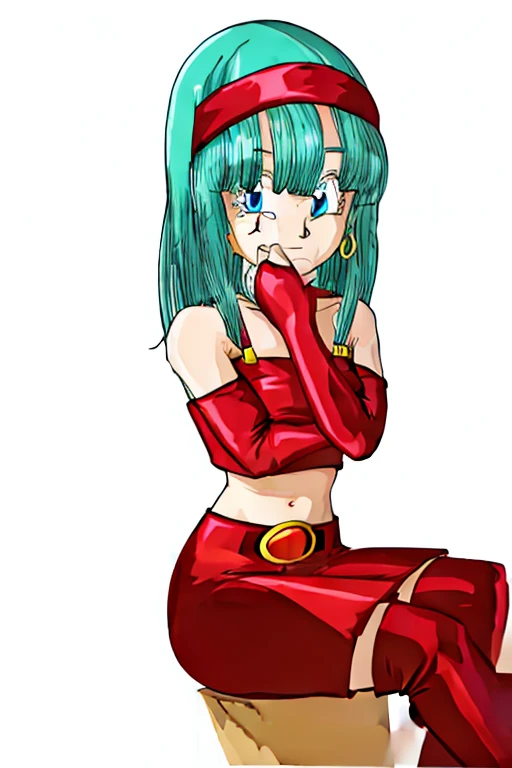 1girl, solo, long hair, straight hair,  blunt bangs,  aqua hair, blue eyes, eyelashes,
red hairband, elbow gloves, red gloves, fingerless gloves, red crop top, midriff, bare shoulders, belt,  hoop earrings,  bridal gauntlets, red skirt, thigh boots, red footwear, Dancing, jump, high kick,
 