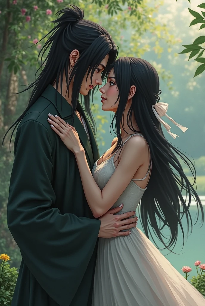 Anime illustration of a man with black hair and a woman with long brown hair looking at each other and smiling playfully. Their faces are very close to each other, with their lips almost touching. They are sitting on the floor. Intimate atmosphere, best quality, high detail, masterpiece