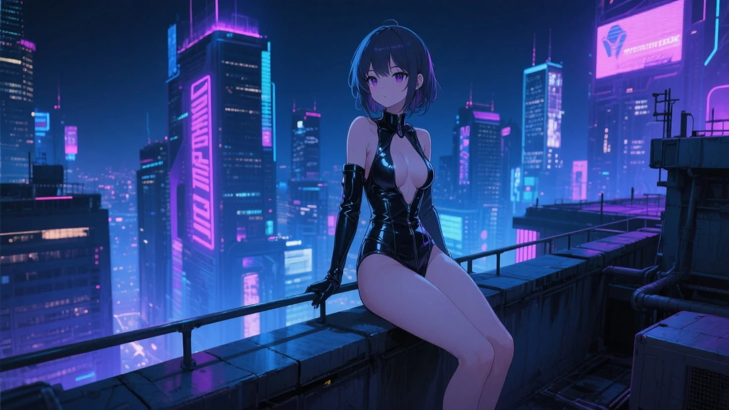 window, high skyscraper, 1 beautiful seductive woman, seductive figure,colorful hair,medium breasts,black dress,looking,city,seen,above