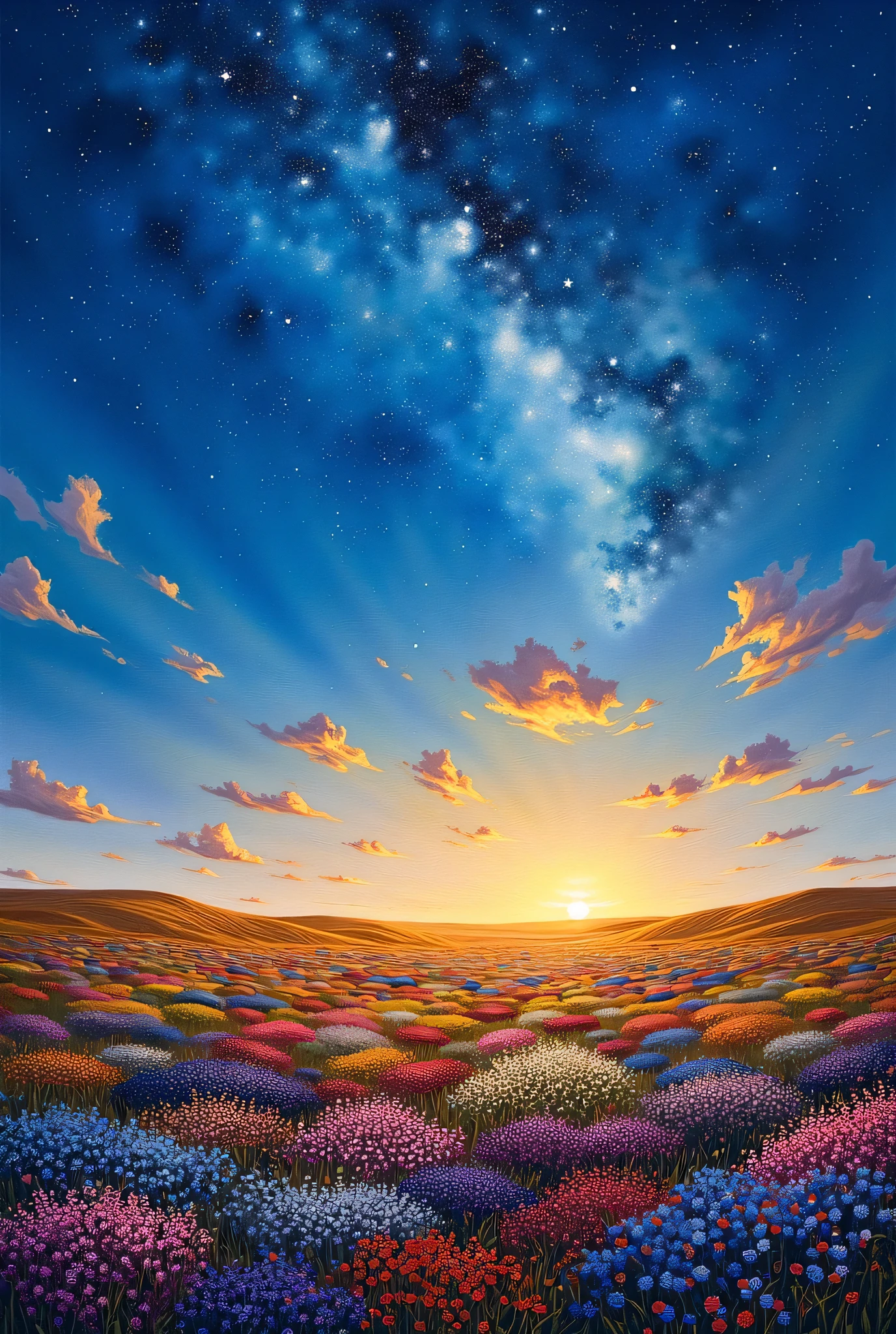 long shot、A night sky full of stars above a prairie blooming with flowers、design an abstract oil painting depicting a sea of blue wild flowers, Purple, red and orange、Three-dimensional oil painting、