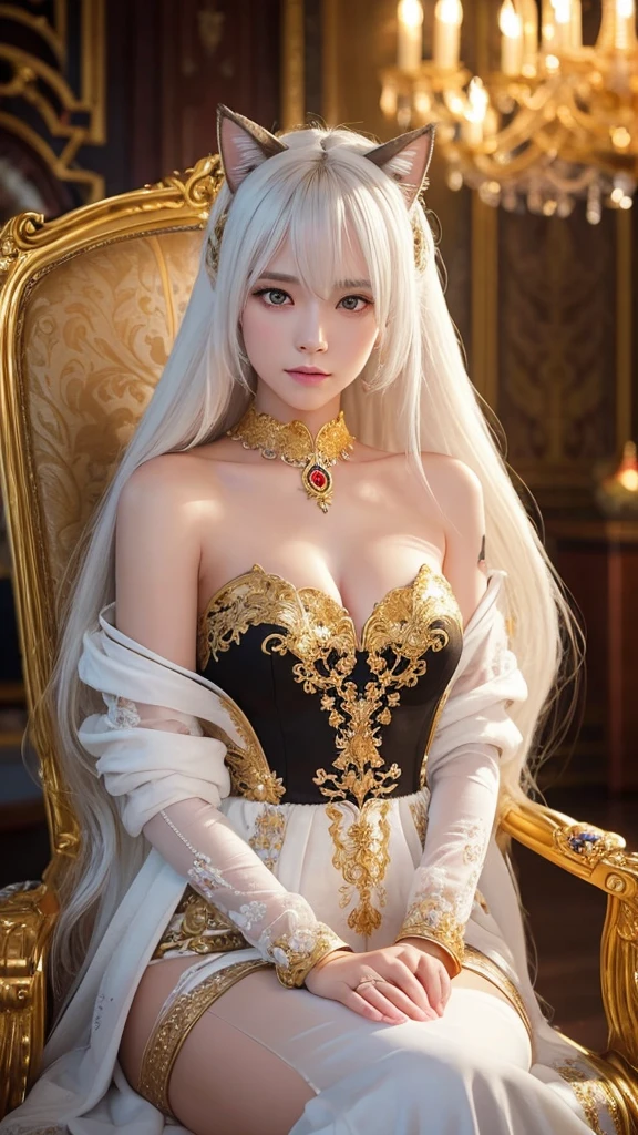 (Masterpiece:1.2), best quality, (illustration:1.2), (ultra-detailed), hyper details, (delicate detailed), (intricate details), (cinematic light, best quality Backlights), clear line, from below, soloist, perfect body, (1girl), white hair and yellow eyes, (emperor, black see-through clothes), (crown: 1.1), sitting on the throne, eyes slightly closed, head down, (shy: 1.2 ), (makeup), high contrast, (best illumination, an extremely create and beautiful), (cinematic light), colorful,