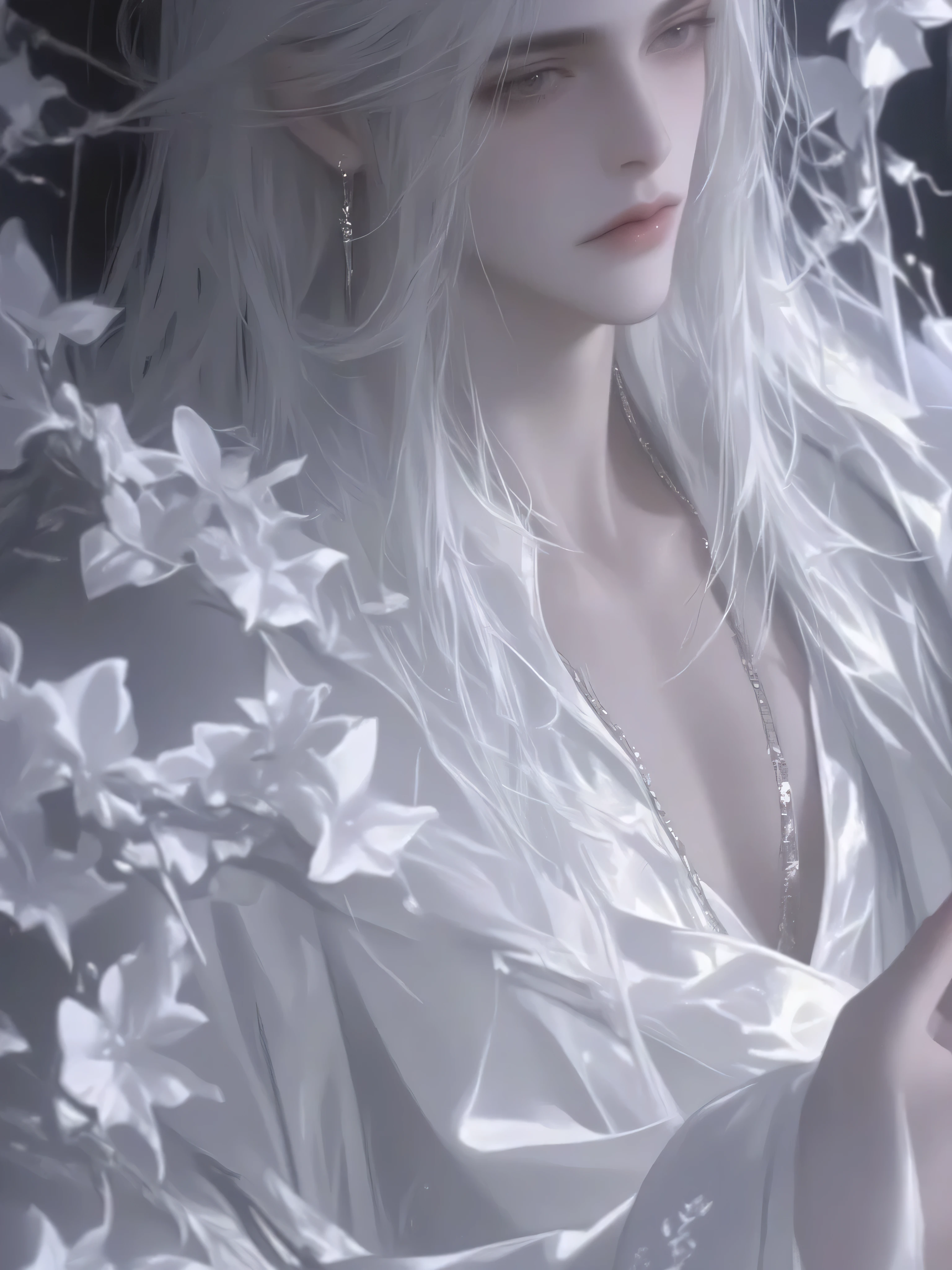 a handsome man with long hair antique black hair,a handsome man with long hair, an ancient brunette in a fairy-looking white Hanfu, traditional Chinese clothing , Double eyelids,Japanese Manga Style,The throat is obvious