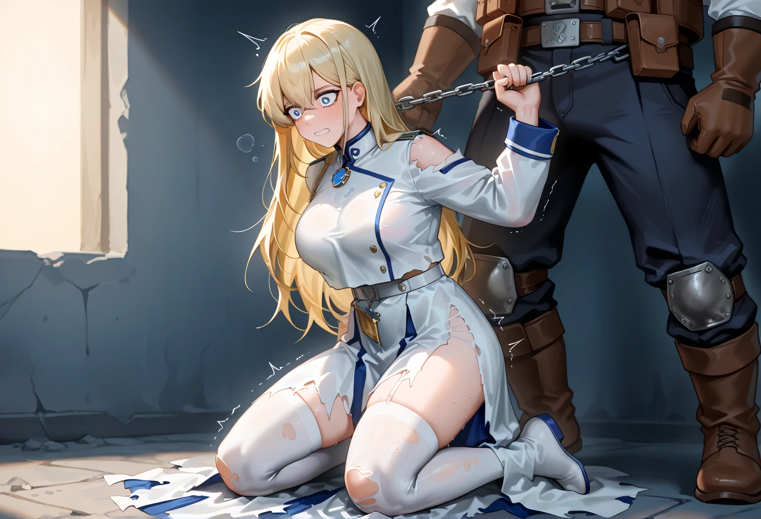 (1 boy, 1 girl), a teenage school girl in mixed bondage wrestling with a teenage boy, they are roughly the same age, the school girl is wearing white pleaded careered skirt ,a black pullover and a nurse hat, the girl has a is a bit smaller than the boy, the girl has shoulder long hair, the boy is wearing casual clothes, teenage boy hogtied and struggling against the ropes, school girl applying more ropes to the teenage boys body, blushing boy dominated and controlled by the girl, the girl is smiling and laughing and tries to humiliate the teenage boy, the teenage boy is blushing and ashamed and is gritting his teeth, he desperately tries to break free but to no avail, the boy struggles and squirms against the ropes, the girl is sitting on top of the teenage boy to prevent him from moving and has ropes in her hands and uses them to tie up the arms of the teenage boy behind his back,the arms of the teenage boy are completely tied behind his back in lots of ropes, the teenage boy looks very embarrased and ashamed, the girl is saying „this must be embarrassing for you“ , huge struggle, many viewers watching, wrestling ring,intricate rope work, teenage boy blushing and ashamed, dramatic lighting, highly detailed, photorealistic, 8k, masterpiece, teenage school girl vs teenage school boy, femdom, power, control, beautiful teenage girl, detailed faces, teenage boy aggresively tied up by teenage girl, lots of rope, perfect eyes, detailed faces, squirm and struggle marks arround the boy, the boy is blushing and looks angry