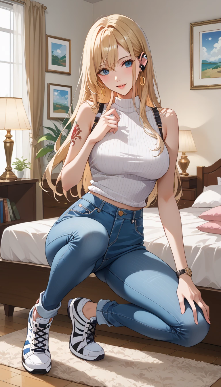 1girl,origentou,cowboyshot,jeans,t-shirt,horns,chair,sitting,cross legs,